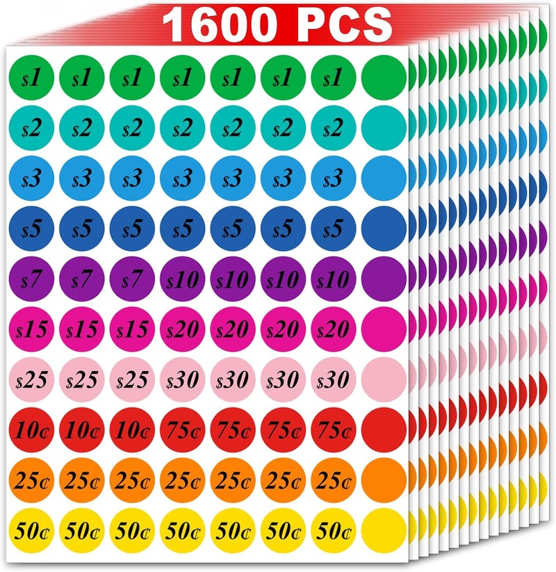 Misofuki Garage Sale Price Stickers Pre-priced 1600 Pcs 3/4 Inch for Flea Markets, County Fairs & Retail, 10 Colors Round Pre-Printed Yard Sale Price Stickers, Strong Adhesive Circle Pricemarker Label - Image 1